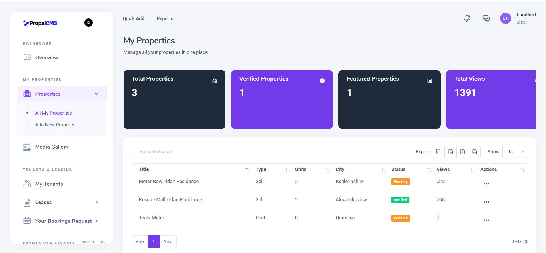 All properties, units, and revenue in one view